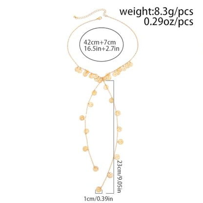 Boho Gold Long Disc Coin Choker Drop Statement Necklace for Women | Trendy Y Shaped Pendant Tassel Necklaces Round Disk Body Wrap Chain Collar Necklace Costume Outfit Festival Jewelry Accessory - color: Gold