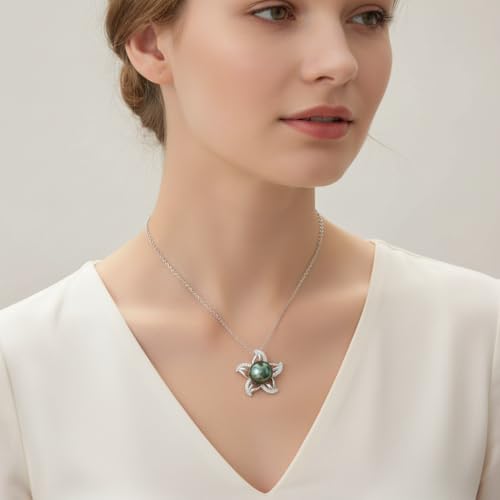 Genuine Tahitian Black Pearl Necklace for Women, 9-11mm AAAA Seawater Pearl with Sterling Silver Moissanite Pendant, Jewelry Gift for Wife, Mom, Girlfriend, Wedding Anniversary, Birthday, Christmas - size: 9-10mm, style: Starfish Design
