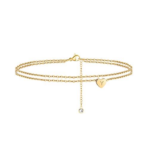 Heart Initial Ankle Bracelets for Women, 14K Gold Filled Handmade Dainty Layered Anklet Letter Initial Heart Ankle Bracelets for Women Beach Jewelry Gifts - style: Y