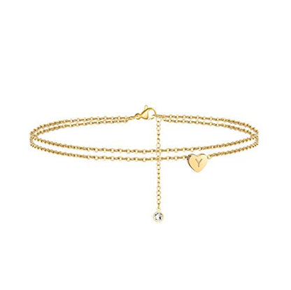 Heart Initial Ankle Bracelets for Women, 14K Gold Filled Handmade Dainty Layered Anklet Letter Initial Heart Ankle Bracelets for Women Beach Jewelry Gifts - style: Y