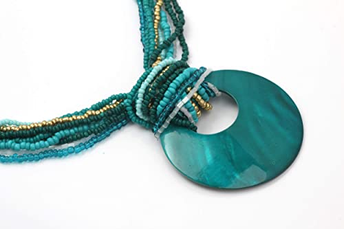Coiris Multi Strand Statement Colorful Beaded Necklace with Big Circle Shell Pendant for Women - color: Dark Teal