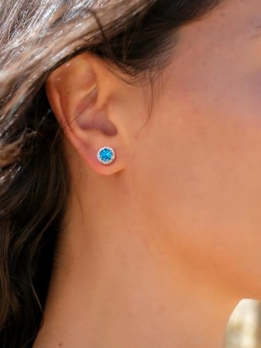 Suplight 925 Sterling Silver Birthstone Stud Earrings for Women, Round/Heart/Teardrop/Square Crystal Diamond Earrings for Women, Dainty Birthday Gifts Jewelry - color: style a-12. round-December(Created Blue Topaz)