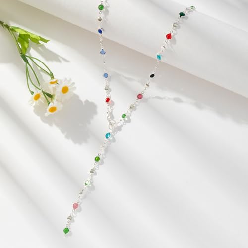 Colorful Crystal Long Necklace for Women Dainty Boho Y-Shaped Color Bead Necklaces Sparkly Rhinestone Pendant Layered Gold Long Chain Choker Good Luck Trend Jewelry Gift Jewelry - color: Silver