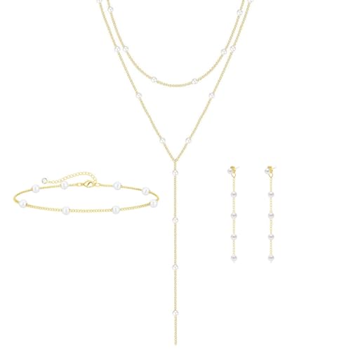 HERIER Gold Jewelry Set for Women - Dainty 14K Gold/Silver Plated Pearl Choker Necklace, Drop Earrings & Bracelets - Wedding Trendy Pearl Jewelry Gift - color: Y Layered Pearl Set-Gold