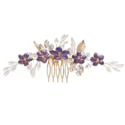 Flower Leaf Design Wedding Hair Comb, Metal Bridal Hair Accessory with Rhinestone, Wedding Prom Hair Clip Headpiece for Women (Gold Purple Flower) - color: Gold Purple Flower