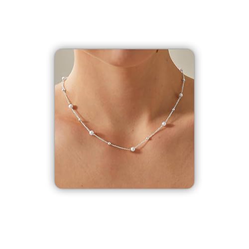 SmileBelle Pearl Necklaces for Women, 18K Gold Daisy Choker for Women's | Pearl Strand Necklaces as Summer Gifts for Teens, Silver Daisy Flower Gifts, 3 Pearls White Necklace as Bridesmaid Gift - color: Silver