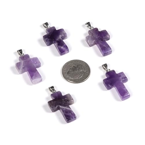Justinstones 32mm Gemstone Carved Cross Reiki Chakra Pendant With Stainless Steel Necklace 22 Inch - color: Amethyst
