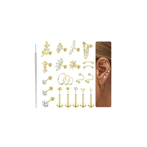 ORAZIO 16 Gauge Cartilage Earrings for Women-Hypoallergenic Surgical Stainless Steel Tragus Earring Set Threadless Flat Back Earrings Push in Nose Studs Daith Conch Tragus Helix Piercing Jewelry - color: Gold Tone