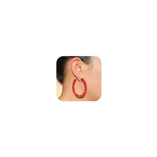 Wellike Beaded Hoop Earrings for Women Natural Stone Pink Gold Huggie Earrings Hypoallergenic Dainty Waterproof Trendy Jewelry - color: Red, size: 55mm