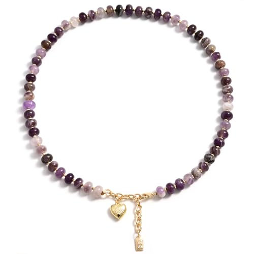 Boho Gemstone Beaded Necklace for Women – Colorful Natural Stone Choker 18K Solid Heart-Shaped Pendant, Summer Beach Jewelry - color: Amethyst