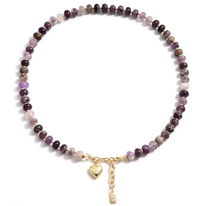 Boho Gemstone Beaded Necklace for Women – Colorful Natural Stone Choker 18K Solid Heart-Shaped Pendant, Summer Beach Jewelry - color: Amethyst