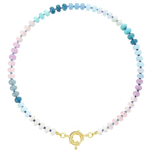 KissYan Beaded Gemstone Necklaces for Women | Colorful Bead Natural Stone Choker with 14K Gold Plated Spring Ring Clasp, Handmade Knot Jewelry for Summer Beach - color: H-Blue & Purple