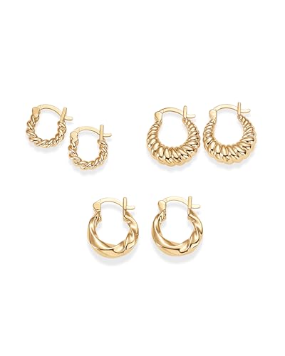 PAVOI Gold Hoop Earrings for Women - 14K-18K Yellow Gold Plated 925 Sterling Silver - Hypoallergenic 3-Pair Small Hoop Earings Set with Cubic Zirconia - Rope Teardrop & Chunky Huggie Styles Earscape Piercings - style: Chunky