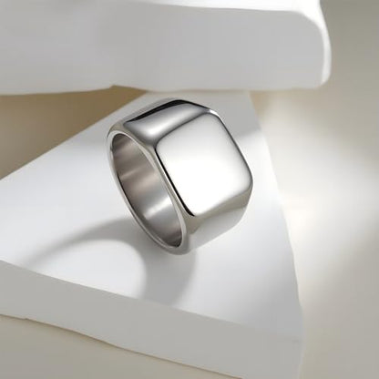 Mens Stainless Steel Plain Signet Rings 4/7/10/14MM Rectangular Pinky Rings | High Polish Classic Blank Thumb Rings, Everyday Comfit Wear, Gift for Men - color: Silver14