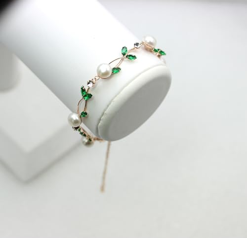 Faship Genuine Freshwater Pearls Floral Necklace Earrings Set | Premium CZ Crystal, Gorgeous, Sparkling - color: Green / Rose gold plated / Matching Bracelet