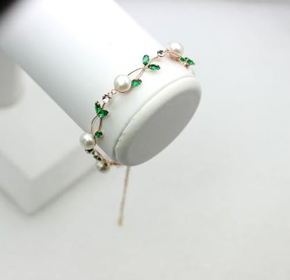 Faship Genuine Freshwater Pearls Floral Necklace Earrings Set | Premium CZ Crystal, Gorgeous, Sparkling - color: Green / Rose gold plated / Matching Bracelet