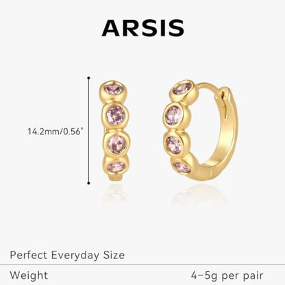 ARSIS Bubble Huggie Hoop Earrings for Women with Cubic Zirconia, Platinum/18K Gold Plated Bezel Hoop Earrings with Opal, Hypoallergenic Lightweight Jewelry, Clear/Ruby/Emerald Green/Aqua/Sapphire/Pink - color: Pink