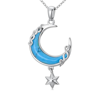 925 Sterling Silver Turquoise Moon Pendant Necklace for Women, Snake/Flower/Bow/Tree of Life/Star Moon Necklace, Dainty Jewelry for Daily Wear & Gifts - style: Style 7