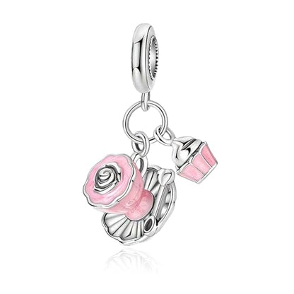 S925 Sterling Silver Cute Bead Charm for Pandora Bracelets and Necklaces | Lucky Clover Cute Animal Pink Bow Cherry Butterfly Pendant Bead Charms Jewelry Making Gifts for Women Valentines Mother's Day - style: Afternoon Tea Dangle Charm