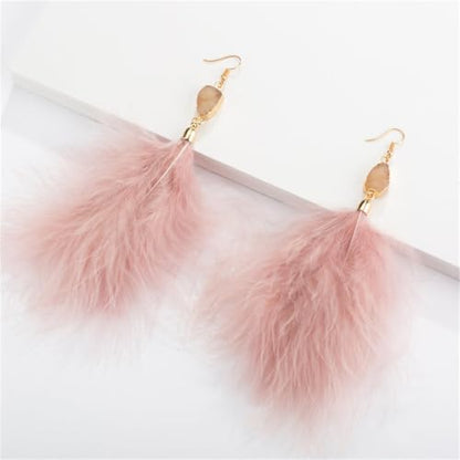 Feather Earrings for Women Boho Bohemian Style Tassel Fringe Statement Drop | Boho Tassel Fringe Statement Drop Earrings Dangle with Bohemian Vibe for Summer Beach Vacation Cruise Festival Outfit - color: Pink