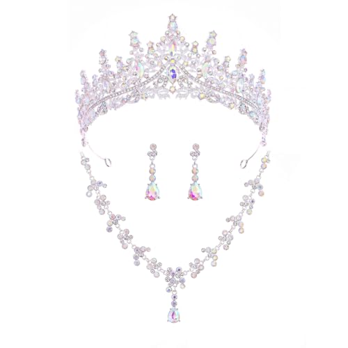 Crystal Crown and Tiara Jewelry Set for Women Bride with Necklace Earrings | Metal Rhinestone Royal Queen Princess Jewelry Set Wedding Quinceanera Pageant Prom Birthday Halloween Party Costume Gift - color: Silver AB