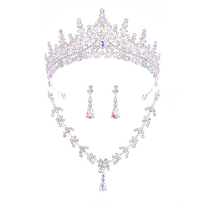 Crystal Crown and Tiara Jewelry Set for Women Bride with Necklace Earrings | Metal Rhinestone Royal Queen Princess Jewelry Set Wedding Quinceanera Pageant Prom Birthday Halloween Party Costume Gift - color: Silver AB