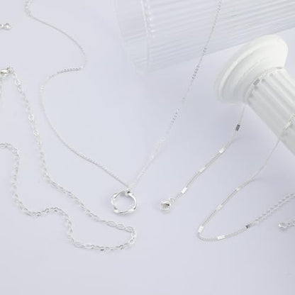 Cuzmly Layered Silver Necklaces for Women, Sterling Silver Stackable Stack Choker Necklaces for Women Trendy Layering Circle Pendant Chain Necklace Set Jewelry for Women - style: Circle