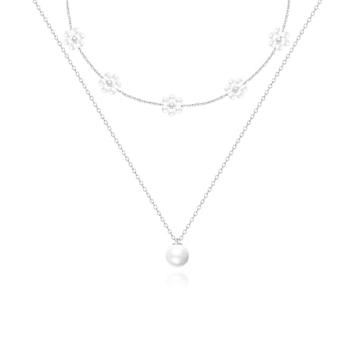 LULII Pearl Necklaces for Women 14K Gold Plated Dainty Layered Single Pearl Necklace Simple Daisy Pearls Choker Cute Gold Necklace Stack Jewelry Sets for Women Trendy Gifts - color: Silver-Layered Daisy Pearl