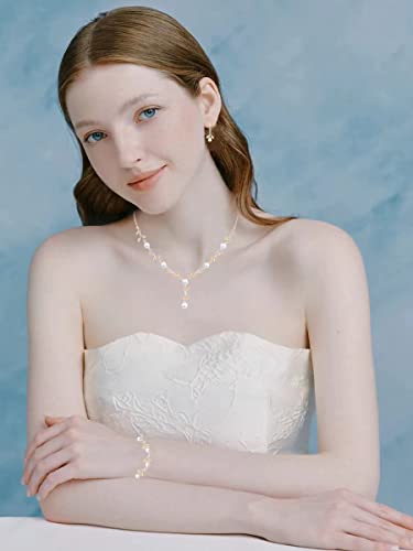 Luxury Cubic Zirconia Aurtrian Crystal Pearl Floral Necklace Dangle Earrings Wedding Bridal Jewelry Set Birthday Gifts for Her - color: Style02-Brown-Silver Plated