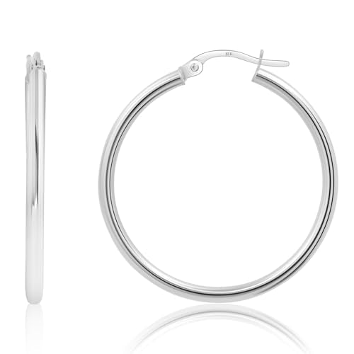 10k or 14k Gold Hoop Earrings for Women | Hypoallergenic Small to Large 12MM to 50MM Hoop Earrings with Secure Click Tops | Yellow or White Gold Classic Hoops in 2MM Thick Tube by MAX + STONE - color: 10K White Gold, size: 30mm | 1.2 inches Diameter