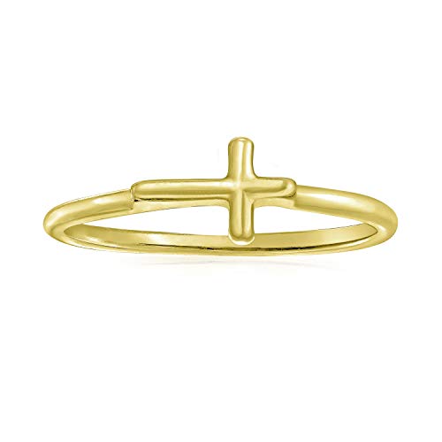 Bling Jewelry Minimalist Simple Midi Knuckle Thin 1MM Band Stackable Religious Sideways Cross Ring For Teen Yellow 14K Gold Plated .925 Sterling Silver - color: Gold-Tone