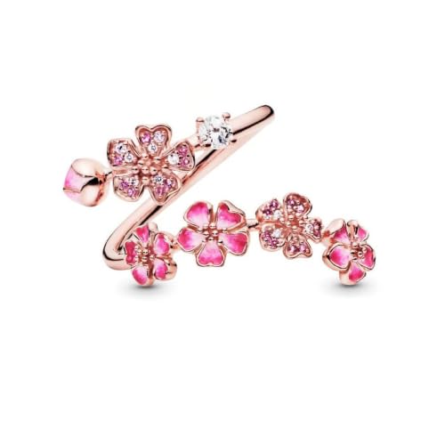 Rose Gold Peach Blossom Ring | Pink Enamel Flower, CZ Floral Band, Adjustable Rings for Women Non Tarnish, Thumb Ring Trendy Open Band Ring, Birth Jewelry Gift for Birthday