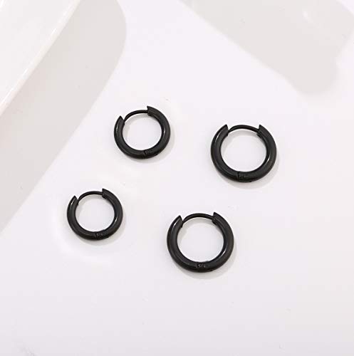 Stainless Steel Hoop Earrings for Men - Hinged Hoop Huggie Piercing Earrings Set For Men Women, Hypoallergenic Lobes Small Round Earrings - color: Black(Inner Diameter 8mm/10mm/12mm
