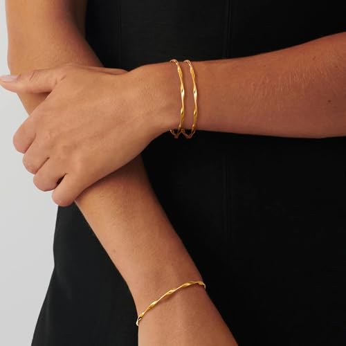 Awinesn 18K Gold Plated Bangles for Women Stainless Steel Glossy Stackable Thin Round Bracelets Solid Plain Polished Bangles Bracelets Set of 3 Jewelry for Women - size: 8 inches, style: contort-3-G