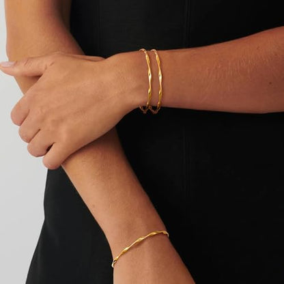 Awinesn 18K Gold Plated Bangles for Women Stainless Steel Glossy Stackable Thin Round Bracelets Solid Plain Polished Bangles Bracelets Set of 3 Jewelry for Women - size: 8 inches, style: contort-3-G