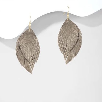 Genuine Leather Handmade Fringe Feather Lightweight Dangle Drop Earrings Teardrop Tassel Hook Earrings for Women - style: 10 Light Gray
