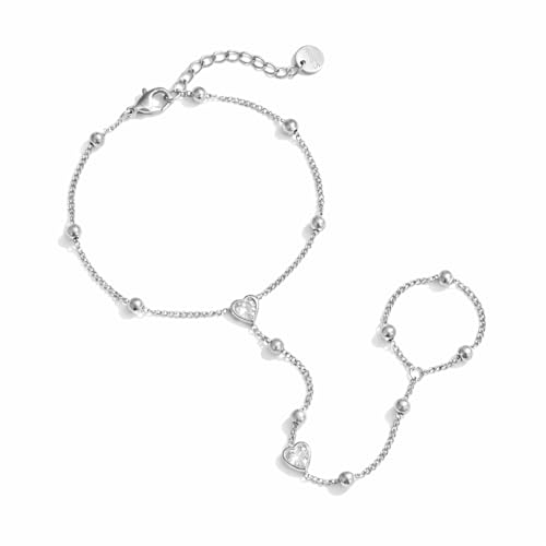 Mchic Hand Chain Tennis Bracelets for Women Trendy: Dainty Diamond Beaded Bracelet 14K Gold Plated/Silver Finger Ring Bracelet Hand Chain Jewelry Adjustable Sparkly Prom Bracelets - color: beaded hand chain silver