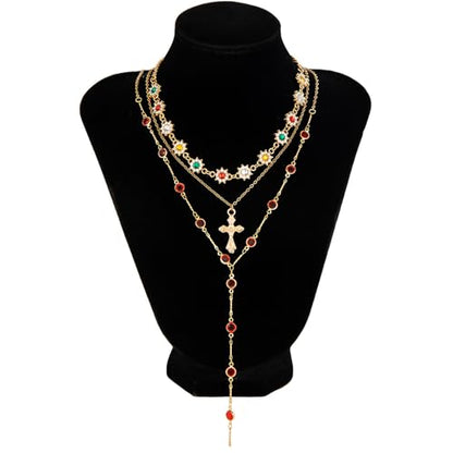 Layered Cross Necklace Set for Women, Layered Choker Necklaces Trendy Jewelry, Colorful Enamel Beaded Y-Shaped Lariat Necklace, Boho Multilayer Cross Necklace for Party and Daily Wear - color: Gold-04