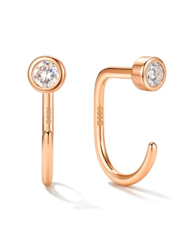 GEMQUEEN Moissanite 925 Sterling Silver Half Hoop Earrings for Women, Small Stay Close Huggie Hoops Comfort Backless Earring Lightweight No Back Moissanite Arc Hoop Earrings D Color VVS1 - color: Rose Gold, size: Bezel