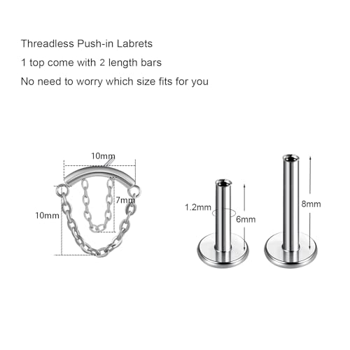 BelezaDosas G23 Titanium Labret Studs Threadless Push-in Labret Press Fit 16G Cluster Helix Lobe Conch Tragus Push Back Piercing Jewelry - style: silver 2 chain