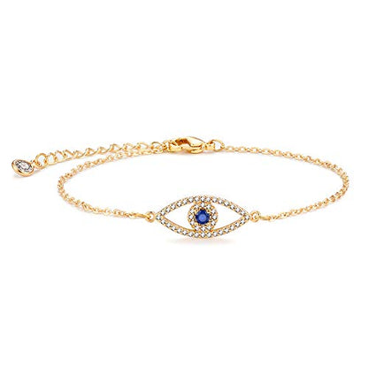 MEVECCO Dainty Chain Bracelets for Women, Layered and Charm Styles | 14K Gold Plated Brass, Select Cubic Zirconia Accents, Single and Multi-Row Structures for Refined Everyday Wristwear - style: Blue CZ Evil Eye