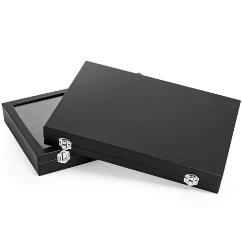Elsjoy 2 Pack Necklace Organizer Box, Premium Necklace Display Cases with Transparent Glass Lid, Black Velvet Necklace Storage Holder Box, 40 Hooks (20 Per Box)