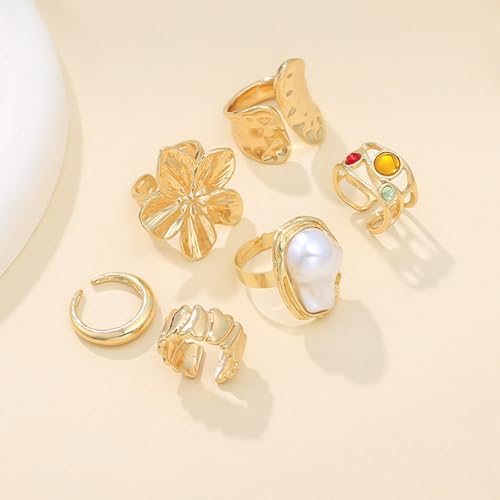 Chunky Rings for Women Stackable Vintage Adjustable Rings for Women Gold Statement Stone Ring Set Non Tarnish Vintage Jewelry - style: Gold 6