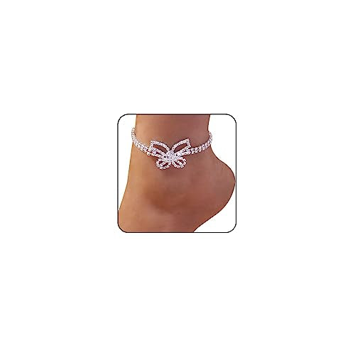 Sora Tuki Ankle Bracelets for Women Tennis Rhinestone Anklets for Women Butterfly Heart Star Cross Anklet Bracelet for Women Plus Size Anklet Bracelets for Big Ankle Beach Foot Jewelry - style: 3 - big butterfly