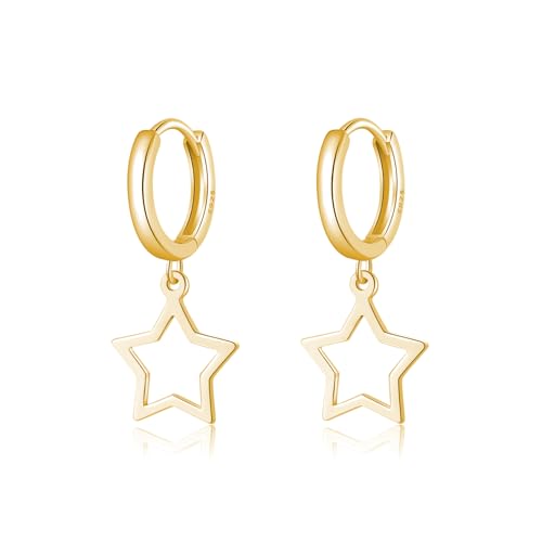 Reffeer Solid 925 Sterling Silver Star Hoop Dangle Earrings for Women Teen Girls Star Drop Earrings Huggie - color: B-Yellow