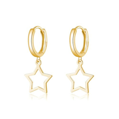 Reffeer Solid 925 Sterling Silver Star Hoop Dangle Earrings for Women Teen Girls Star Drop Earrings Huggie - color: B-Yellow