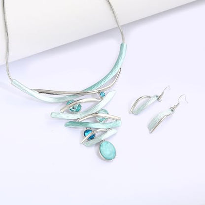 Chunky Statement Jewelry Set Vintage Retro Leaf Flower Floral Geometric Bohemian Boho Bib Necklace Earring Set Fashion Costume Jewelry for Women Girls Wedding Party Prom Unique Gift - style: Multilayer oval crystal JS silver aqua