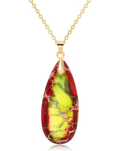 Stone Necklaces for Women Teardrop Gemstone Pendant Necklace Natural Stone Chain Necklaces - color: Red Green