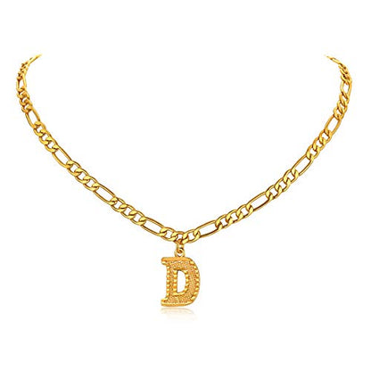 14K Gold Plated Initial Necklaces for Women Men A-Z Letter Necklaces | Figaro Chain, 16"+2" Adjustable Length, with Gift Box - style: D