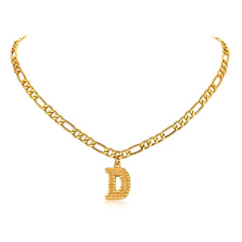 14K Gold Plated Initial Necklaces for Women Men A-Z Letter Necklaces | Figaro Chain, 16"+2" Adjustable Length, with Gift Box - style: D